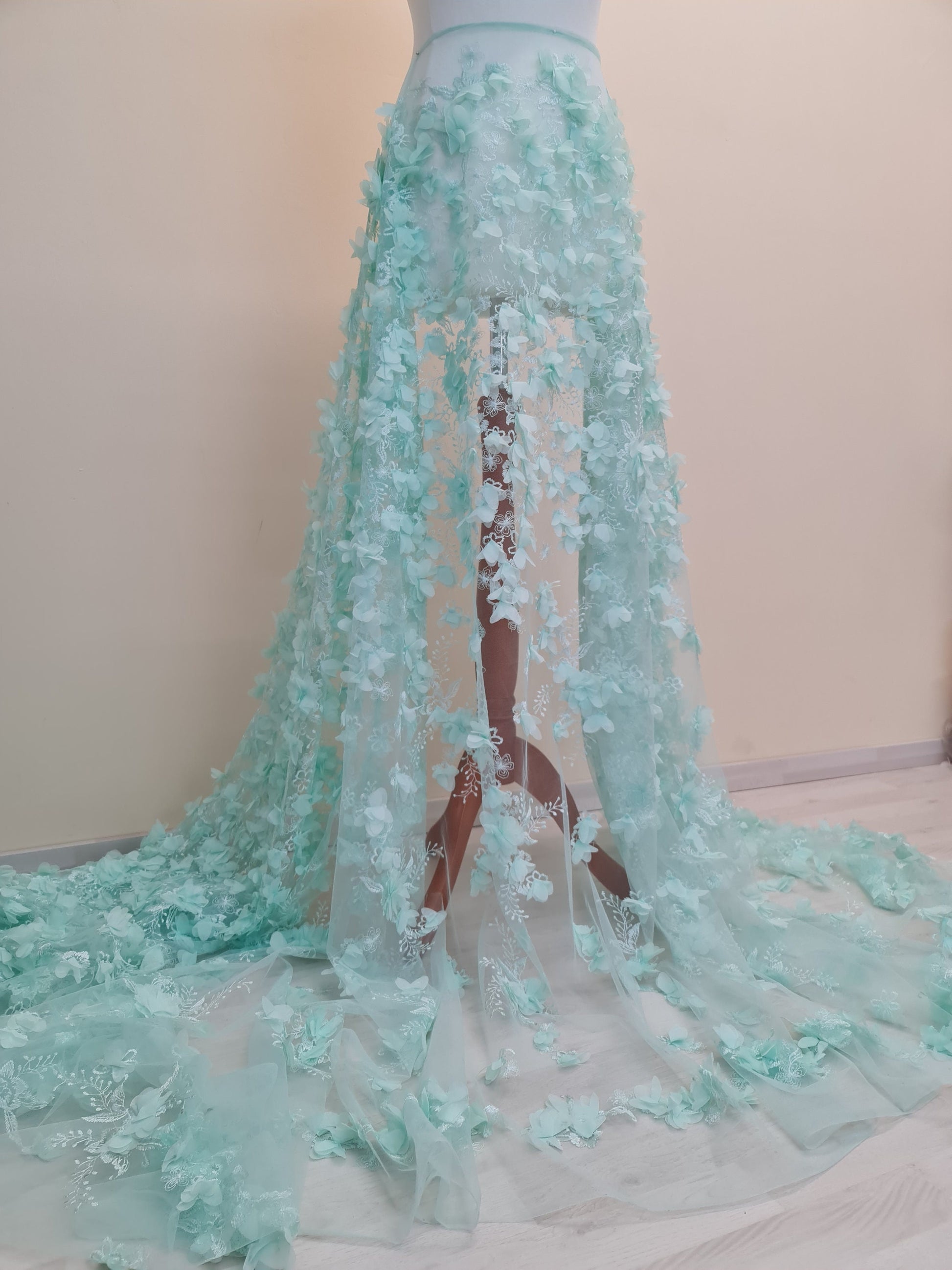 LL-1452, soft bridal lace fabric with big 3d flowers in mint color