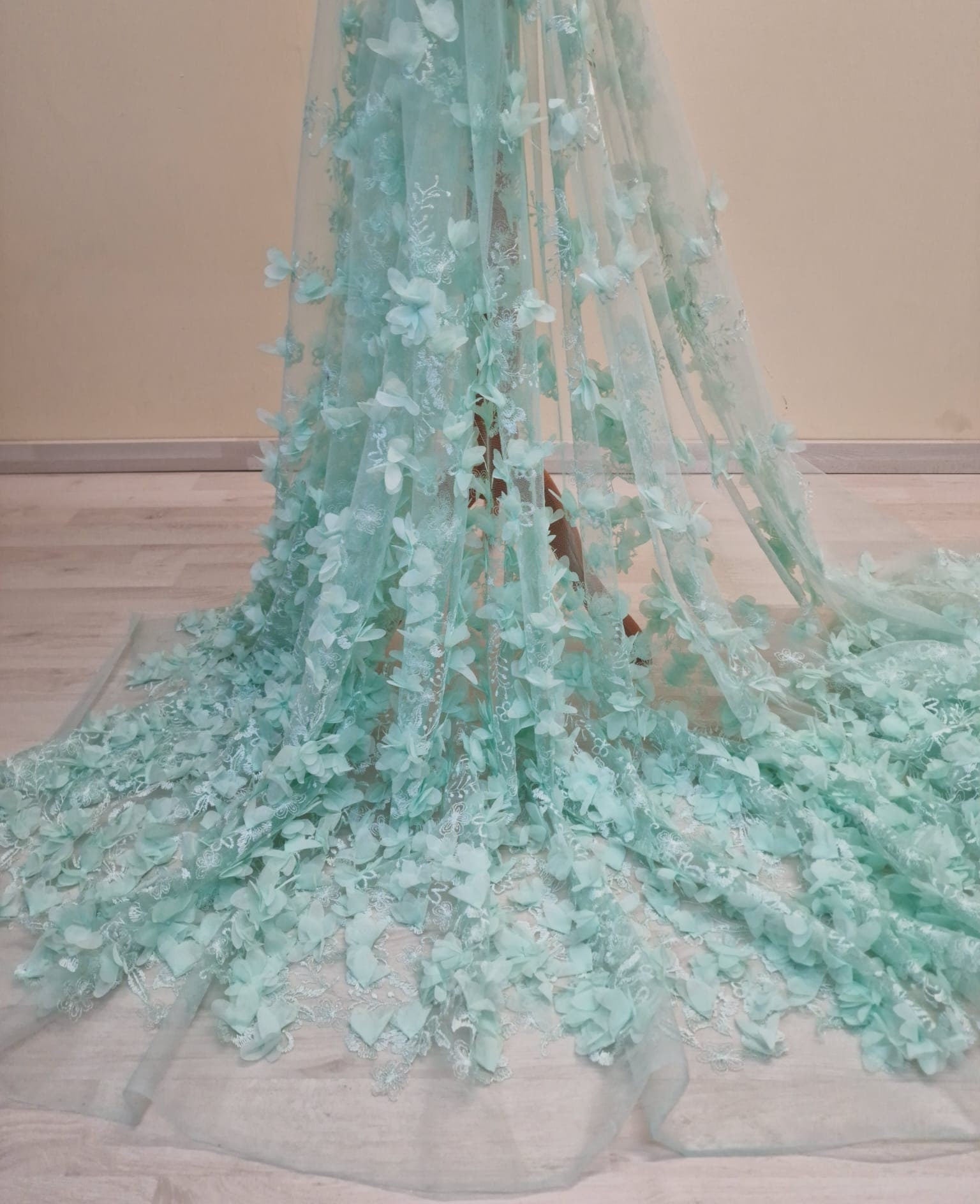 LL-1452, soft bridal lace fabric with big 3d flowers in mint color