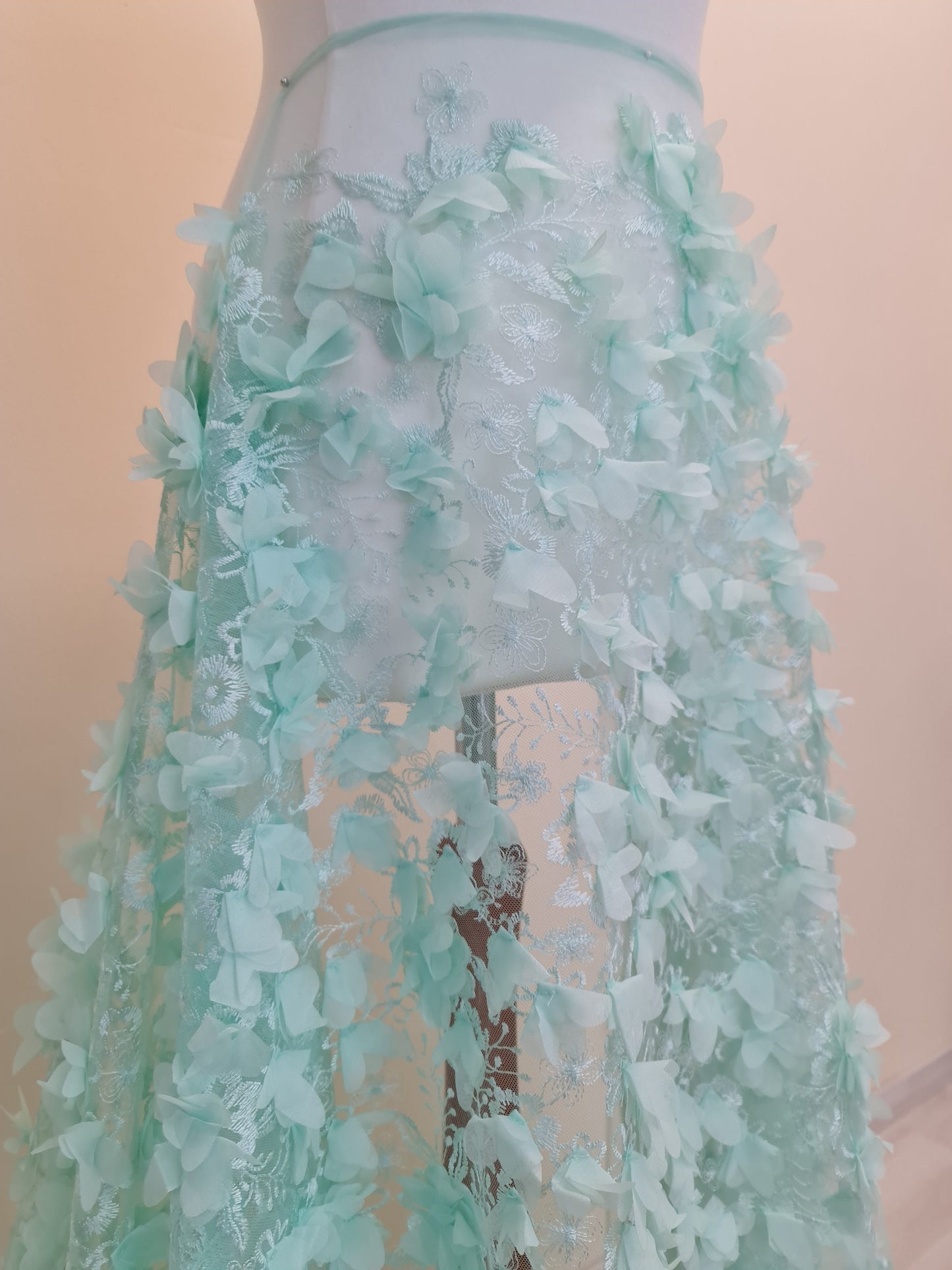 LL-1452, soft bridal lace fabric with big 3d flowers in mint color