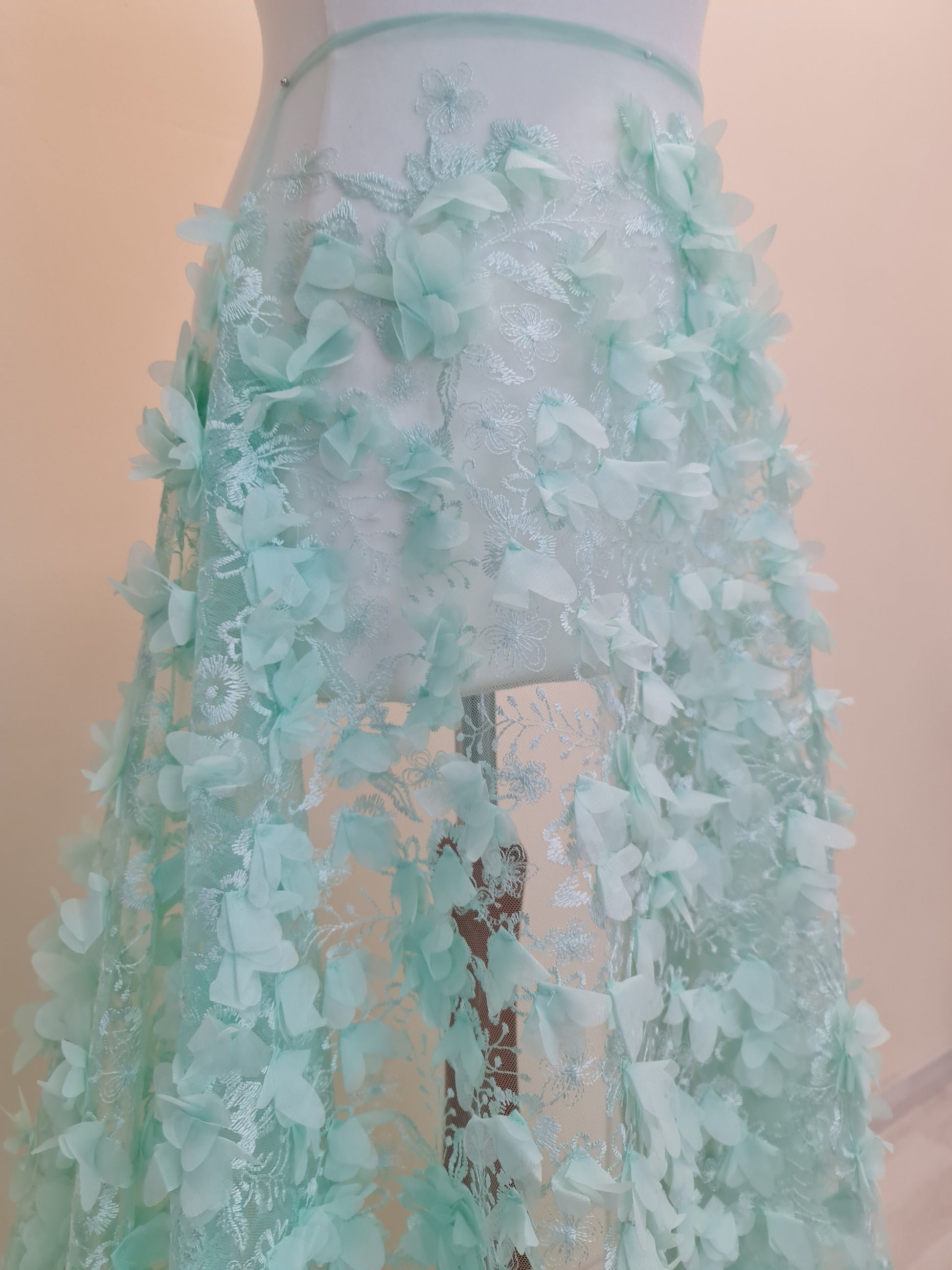 LL-1452, soft bridal lace fabric with big 3d flowers in mint color