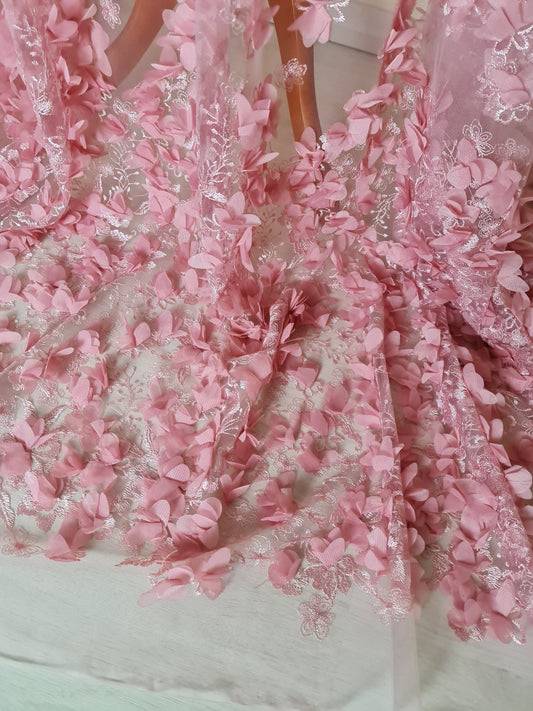 LL-1455, Lovely bridal lace fabric with big 3d flowers in pink color