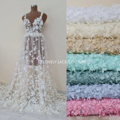 LL - 1453, Beautiful lace fabric with big 3d flowers in sage green color