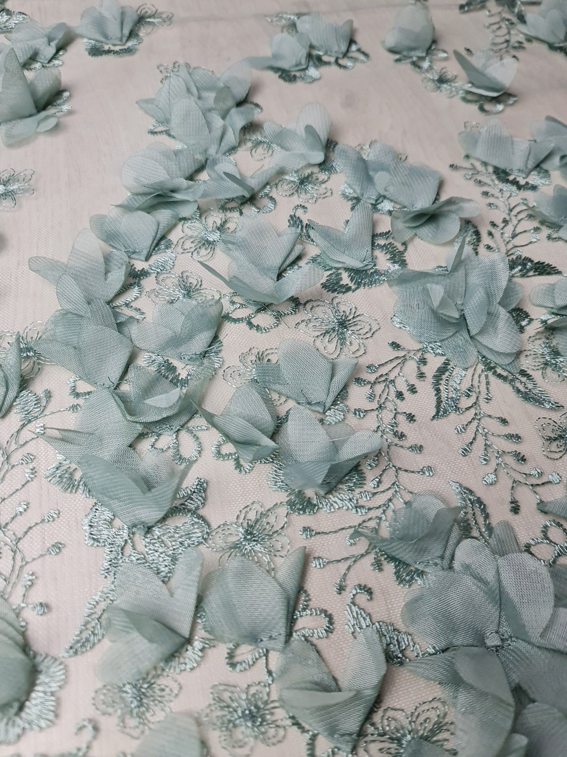 LL - 1453, Beautiful lace fabric with big 3d flowers in sage green color