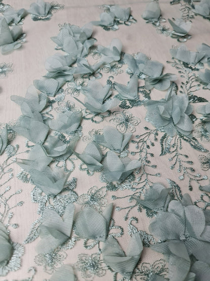 LL - 1453, Beautiful lace fabric with big 3d flowers in sage green color