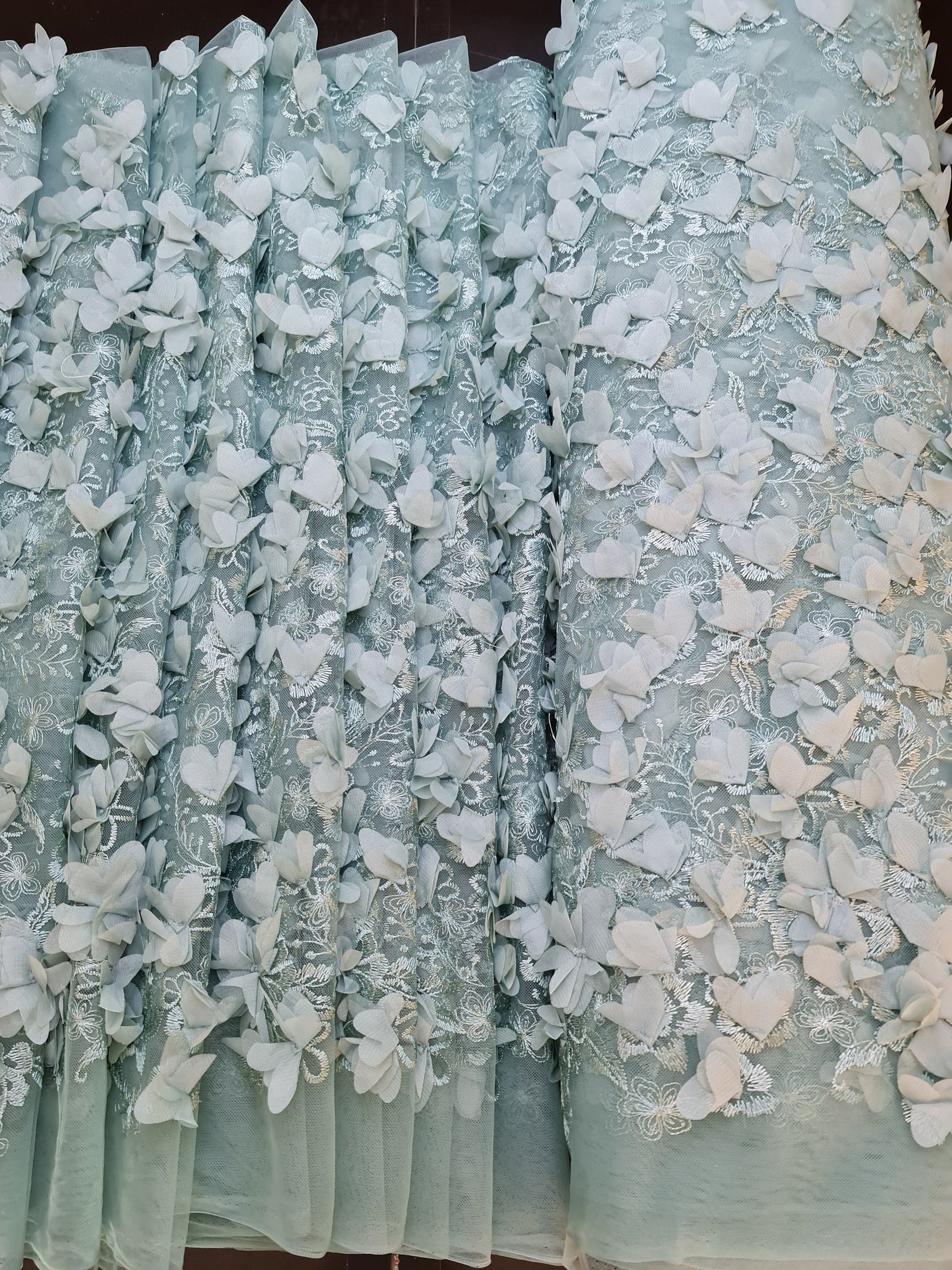 LL - 1453, Beautiful lace fabric with big 3d flowers in sage green color
