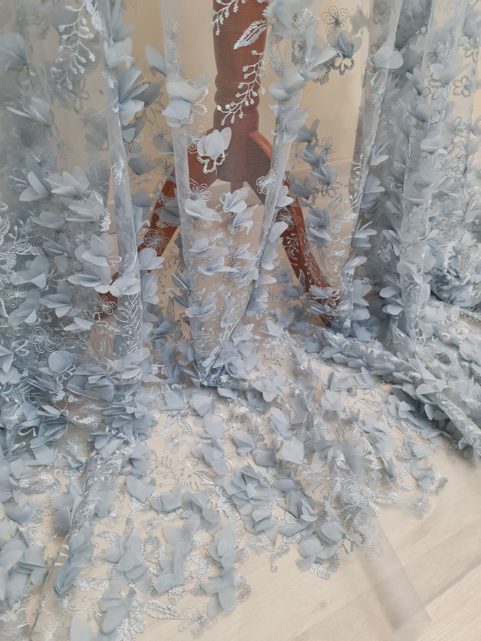 LL-1454, soft 3d lace fabric in grey-blue color