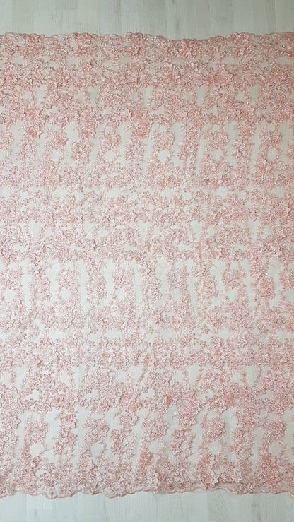 Gorgeous Lace fabric with 3D-Flowers in lovely rosé color, allover design, fabric per metre, LL-1331