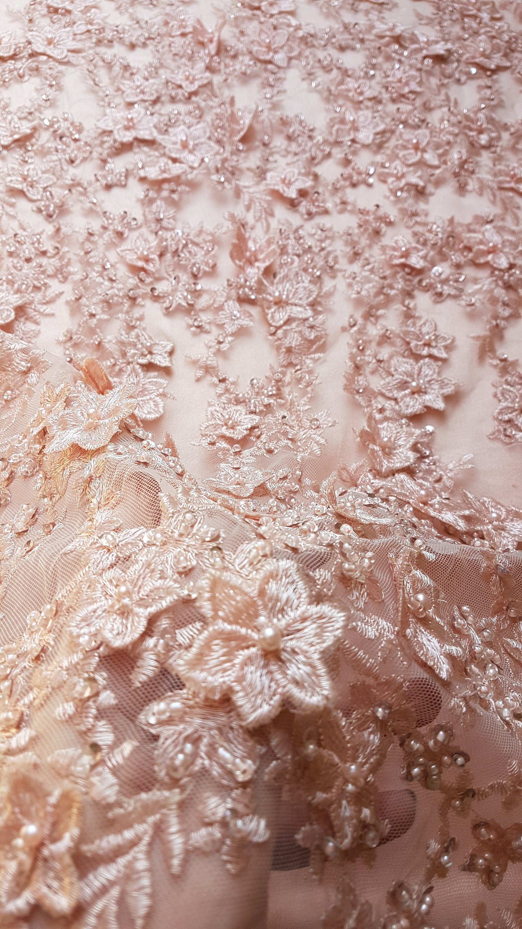 Gorgeous Lace fabric with 3D-Flowers in lovely rosé color, allover design, fabric per metre, LL-1331