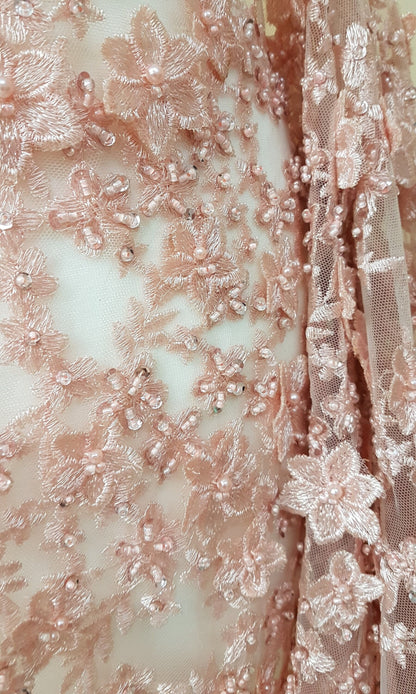 Gorgeous Lace fabric with 3D-Flowers in lovely rosé color, allover design, fabric per metre, LL-1331