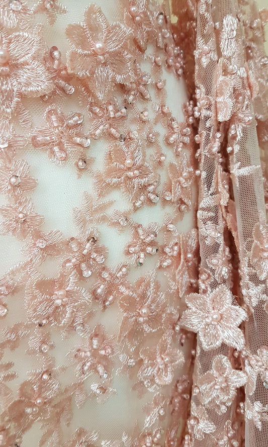 Gorgeous Lace fabric with 3D-Flowers in lovely rosé color, allover design, fabric per metre, LL-1331