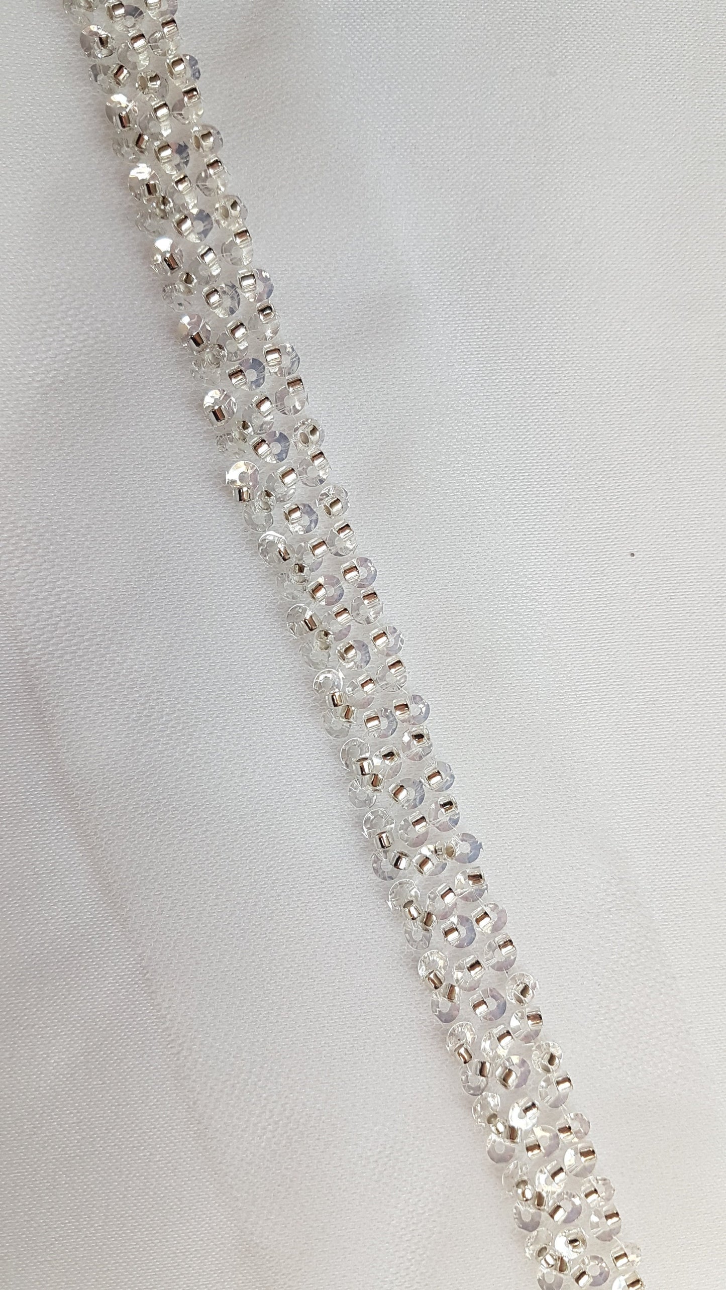Beaded lace trim in white color, bridal lace trim with beads, Ribbon Lace for bridal or wedding dresses, 140cm length, 1,2cm wide, LL-1480