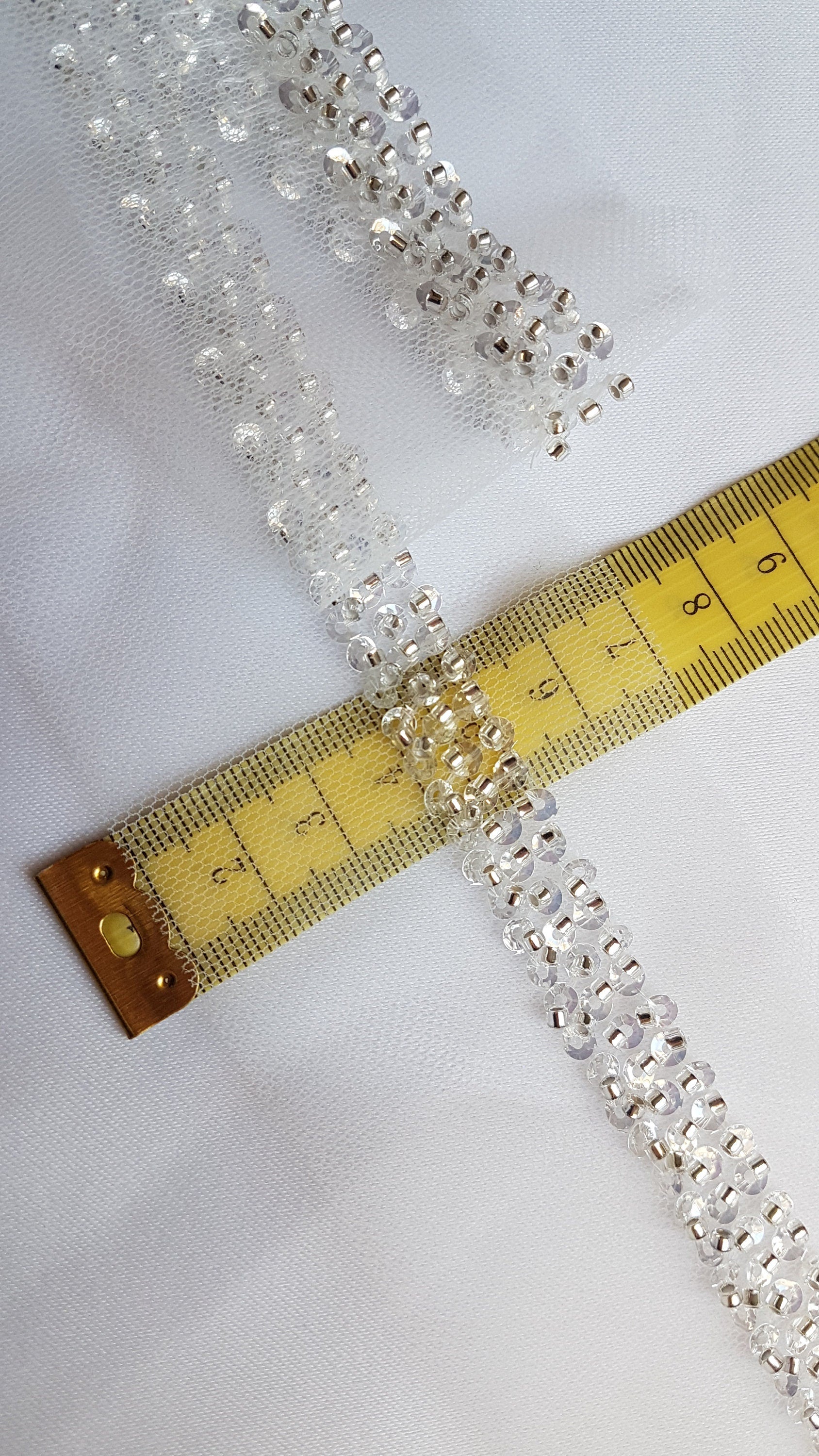 Beaded lace trim in white color, bridal lace trim with beads, Ribbon Lace for bridal or wedding dresses, 140cm length, 1,2cm wide, LL-1480