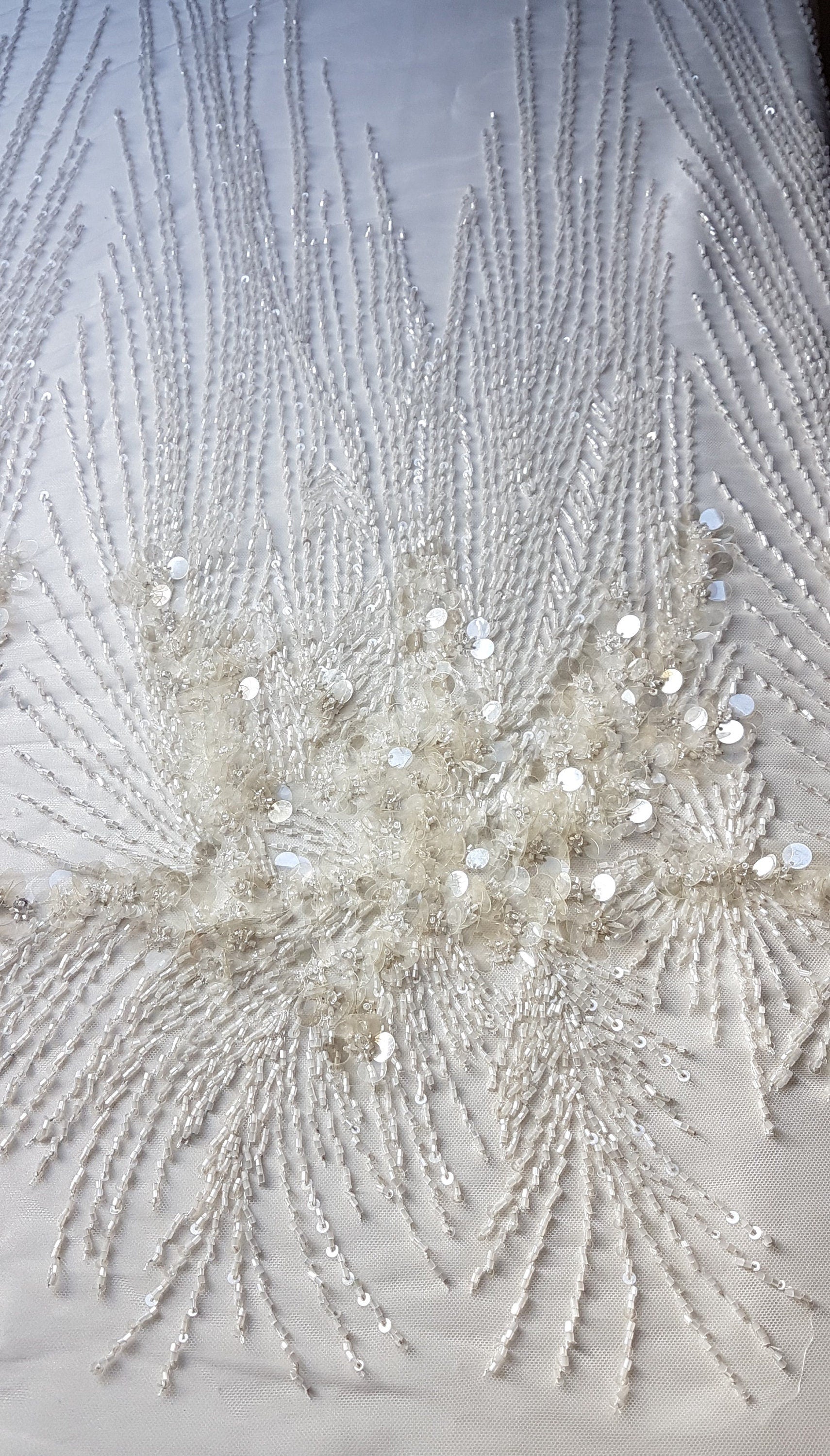 Heavy beaded bridal lace fabric in ivory color, with swarovski stones and big transparent sequins for stunning wedding dresses, LL-1141