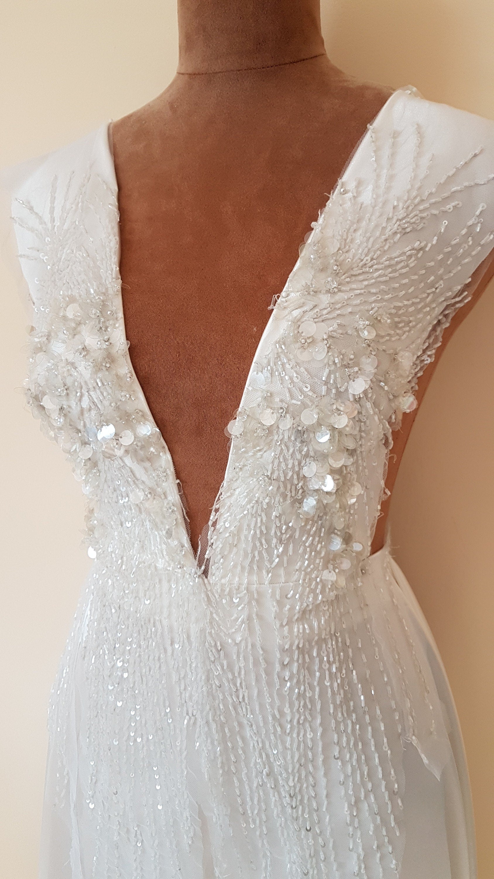 Heavy beaded bridal lace fabric in ivory color, with swarovski stones and big transparent sequins for stunning wedding dresses, LL-1141