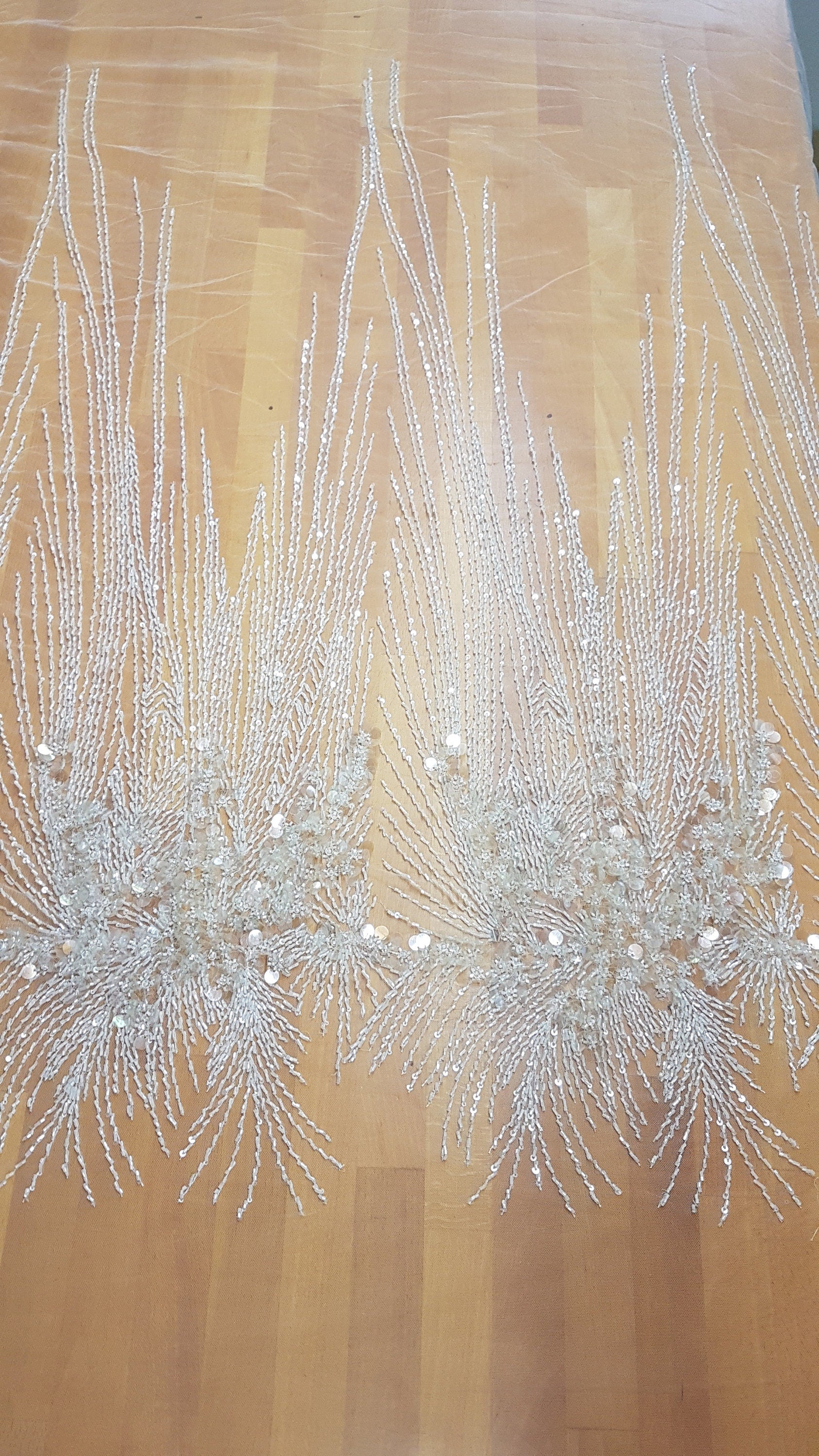 Heavy beaded bridal lace fabric in ivory color, with swarovski stones and big transparent sequins for stunning wedding dresses, LL-1141