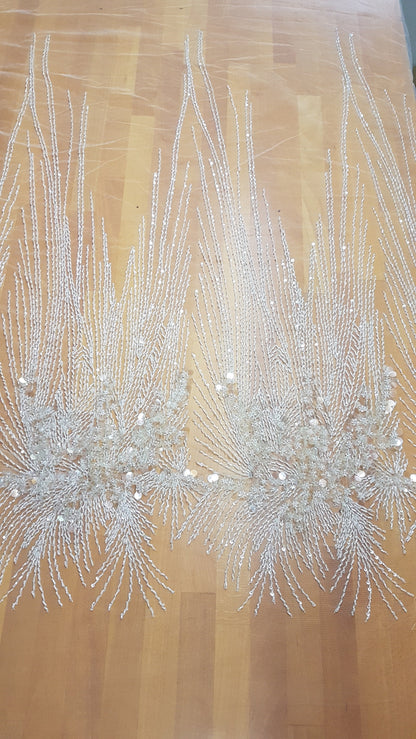 Heavy beaded bridal lace fabric in ivory color, with swarovski stones and big transparent sequins for stunning wedding dresses, LL-1141