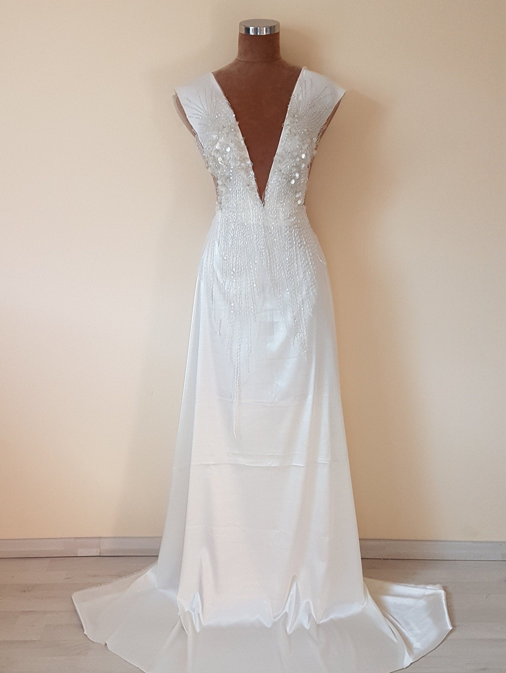 Heavy beaded bridal lace fabric in ivory color, with swarovski stones and big transparent sequins for stunning wedding dresses, LL-1141