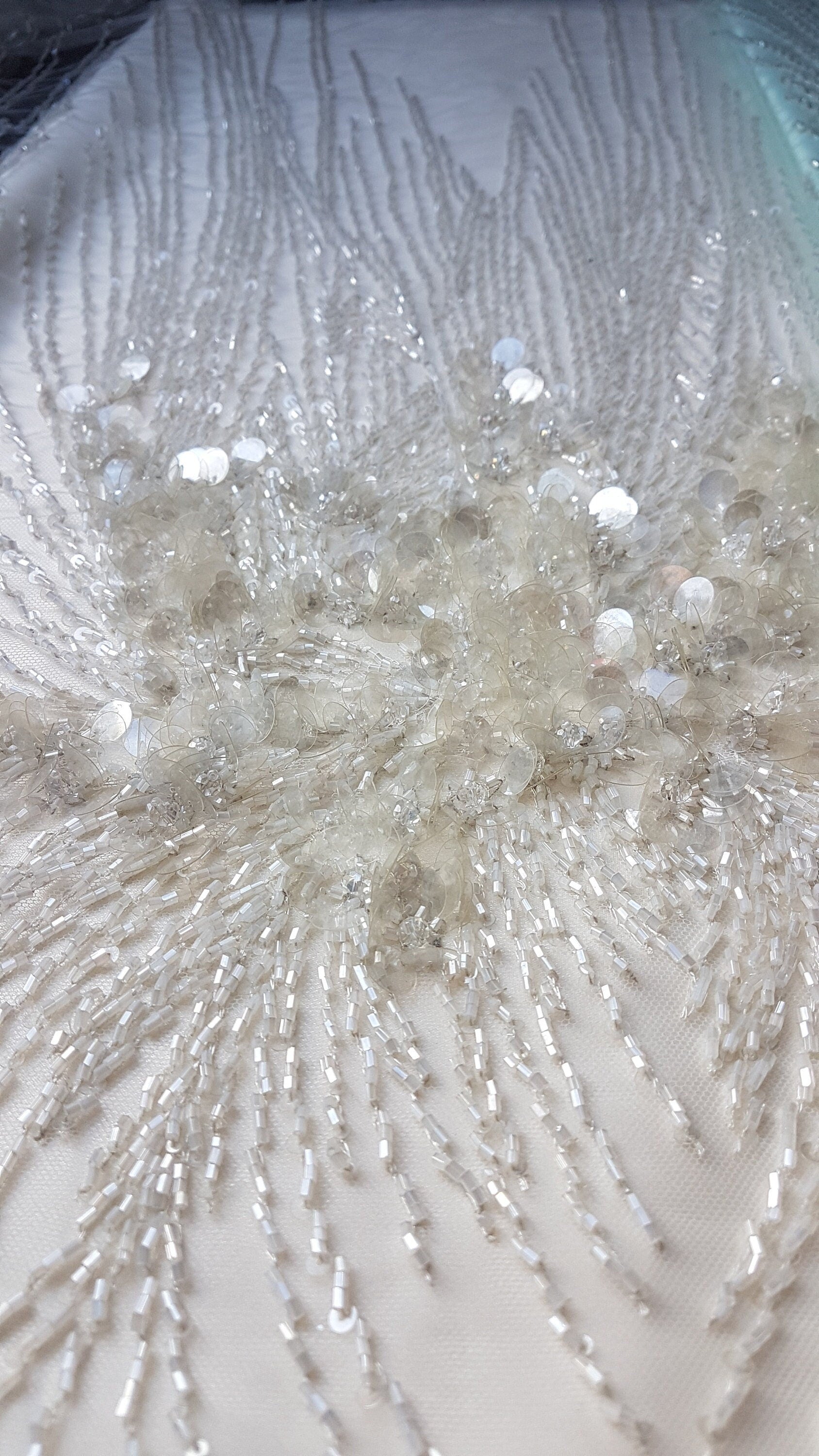 Heavy beaded bridal lace fabric in ivory color, with swarovski stones and big transparent sequins for stunning wedding dresses, LL-1141