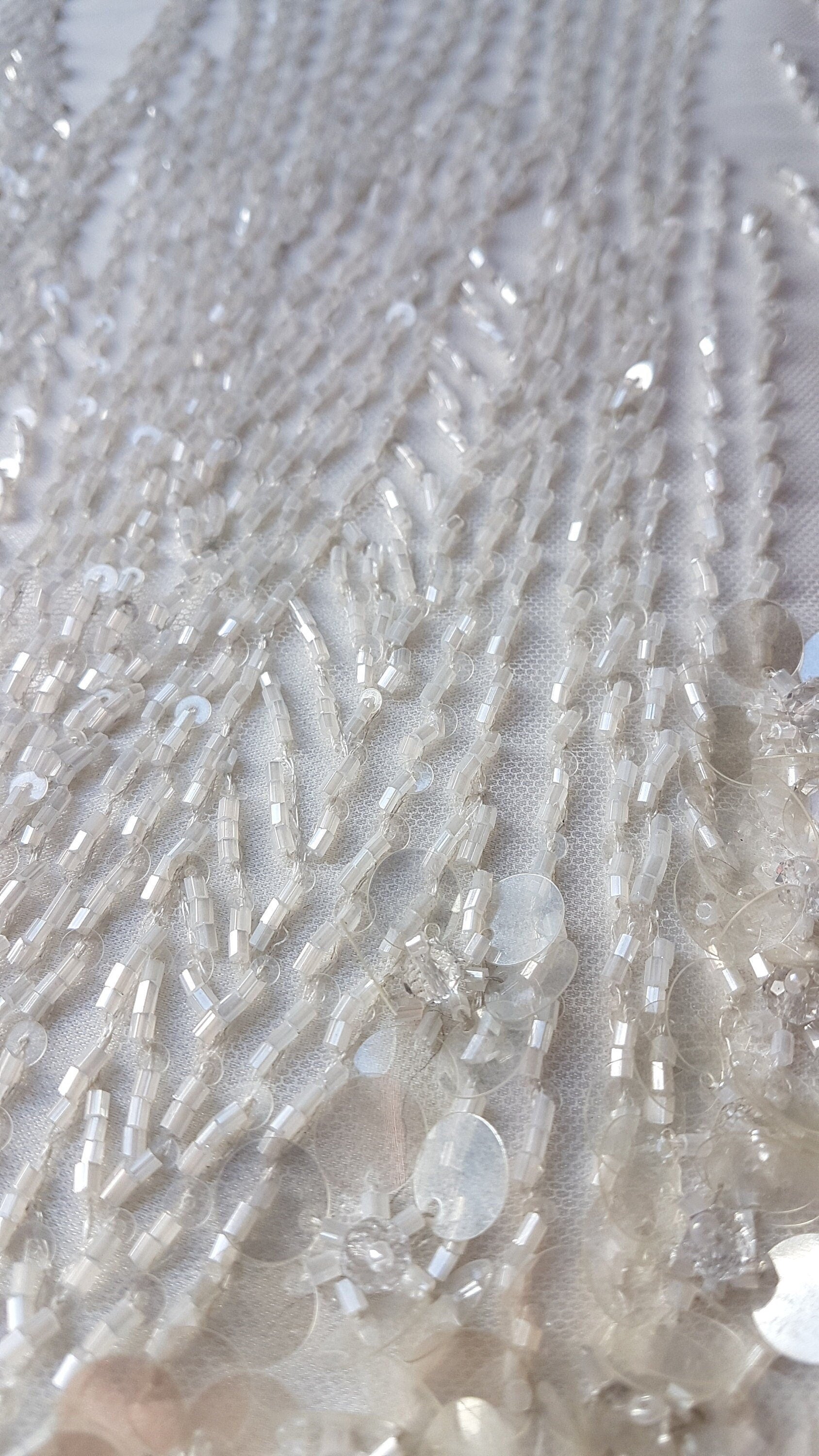 Heavy beaded bridal lace fabric in ivory color, with swarovski stones and big transparent sequins for stunning wedding dresses, LL-1141