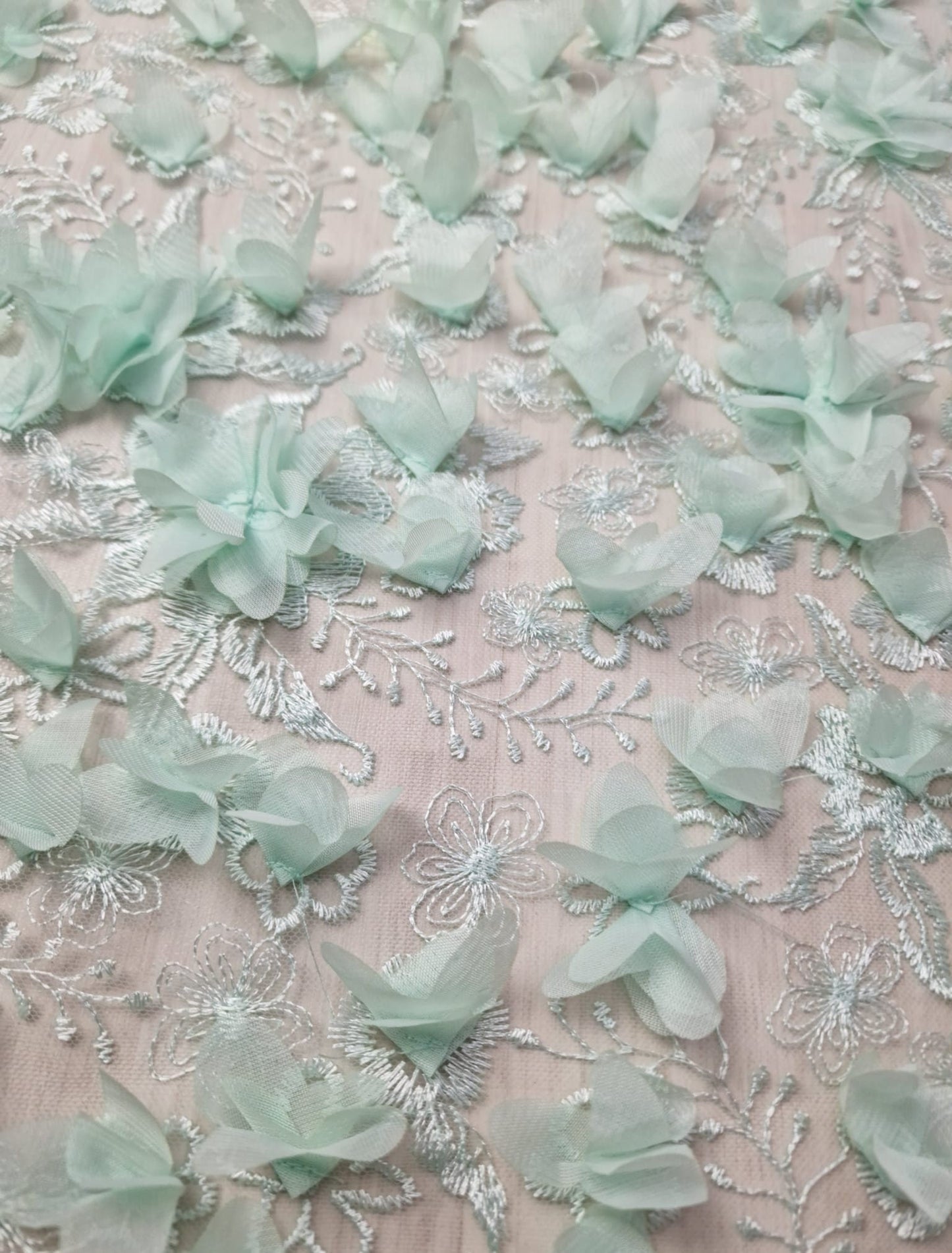 LL-1452, soft bridal lace fabric with big 3d flowers in mint color