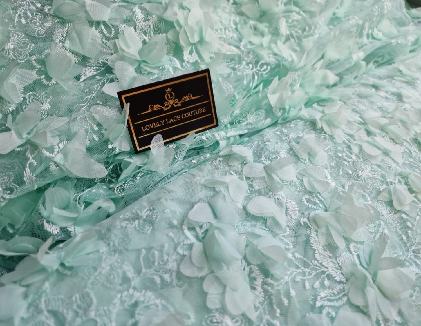LL-1452, soft bridal lace fabric with big 3d flowers in mint color