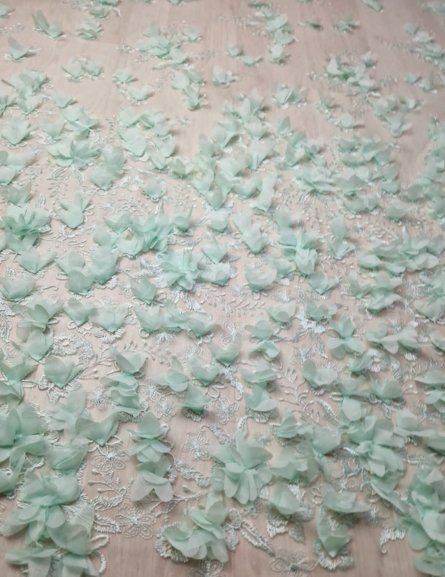 LL-1452, soft bridal lace fabric with big 3d flowers in mint color