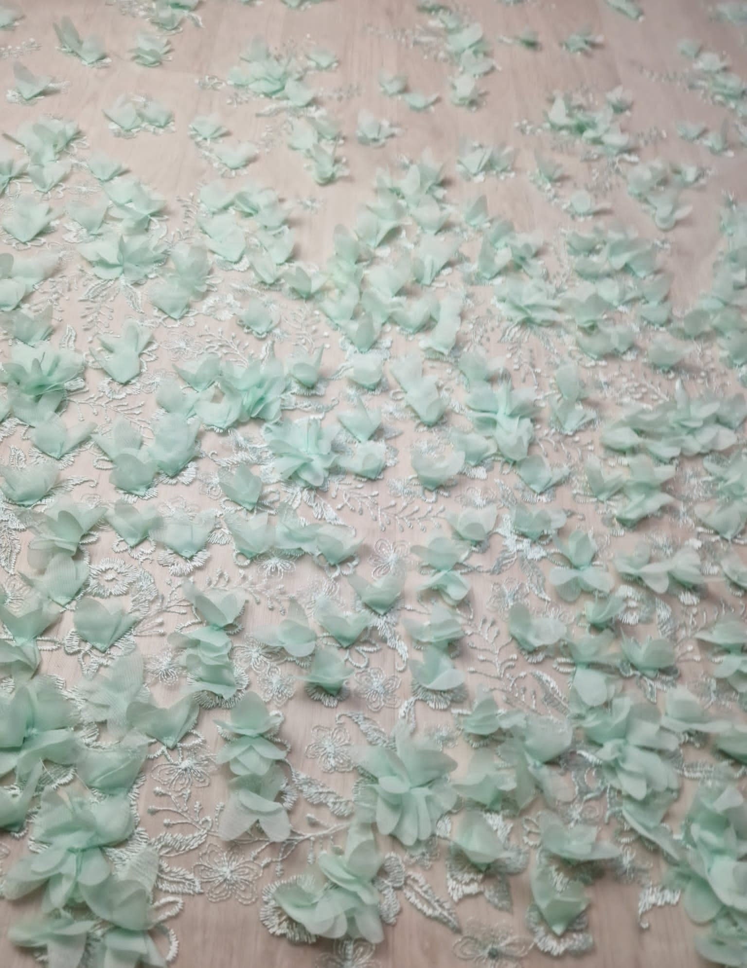 LL-1452, soft bridal lace fabric with big 3d flowers in mint color
