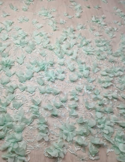 LL-1452, soft bridal lace fabric with big 3d flowers in mint color