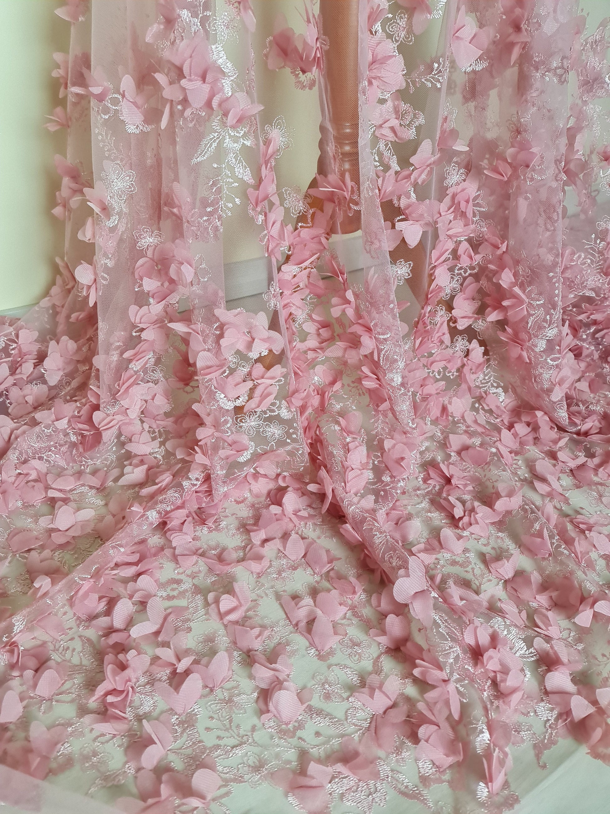 LL-1455, Lovely bridal lace fabric with big 3d flowers in pink color
