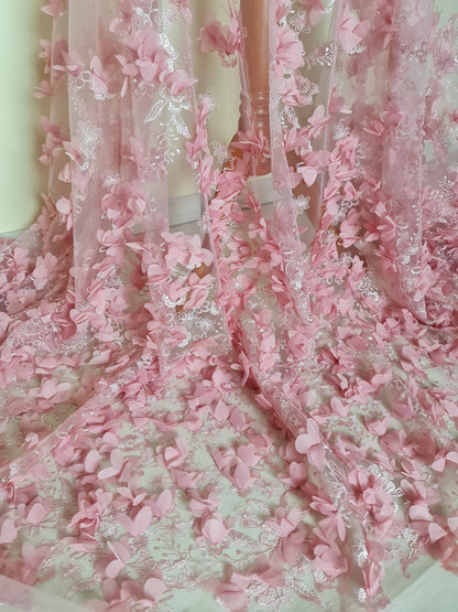 LL-1455, Lovely bridal lace fabric with big 3d flowers in pink color