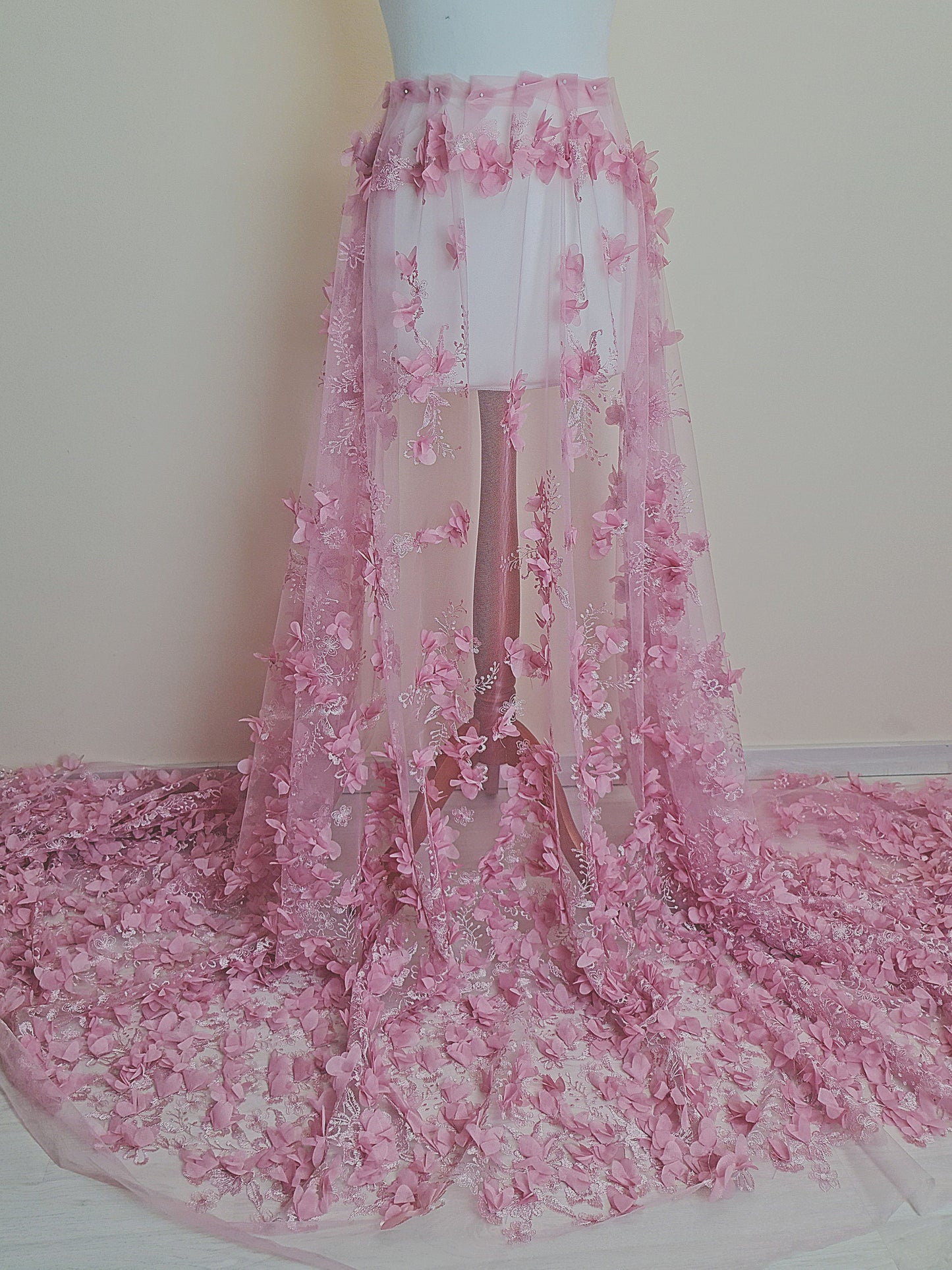 LL-1455, Lovely bridal lace fabric with big 3d flowers in pink color