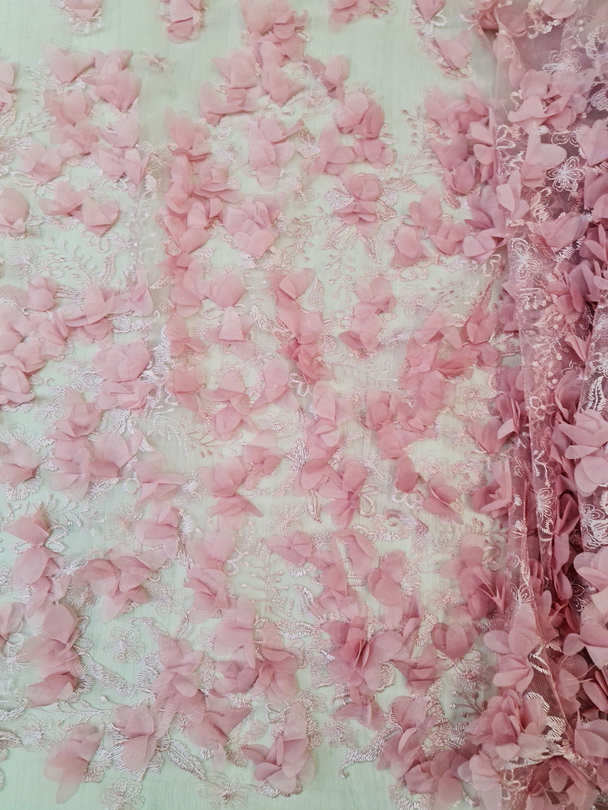 LL-1455, Lovely bridal lace fabric with big 3d flowers in pink color