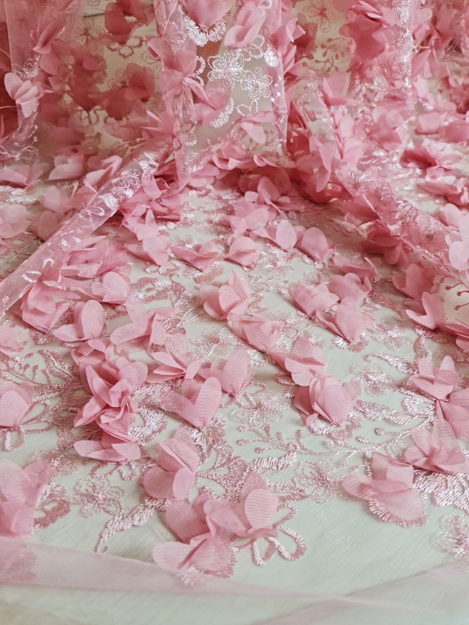 LL-1455, Lovely bridal lace fabric with big 3d flowers in pink color