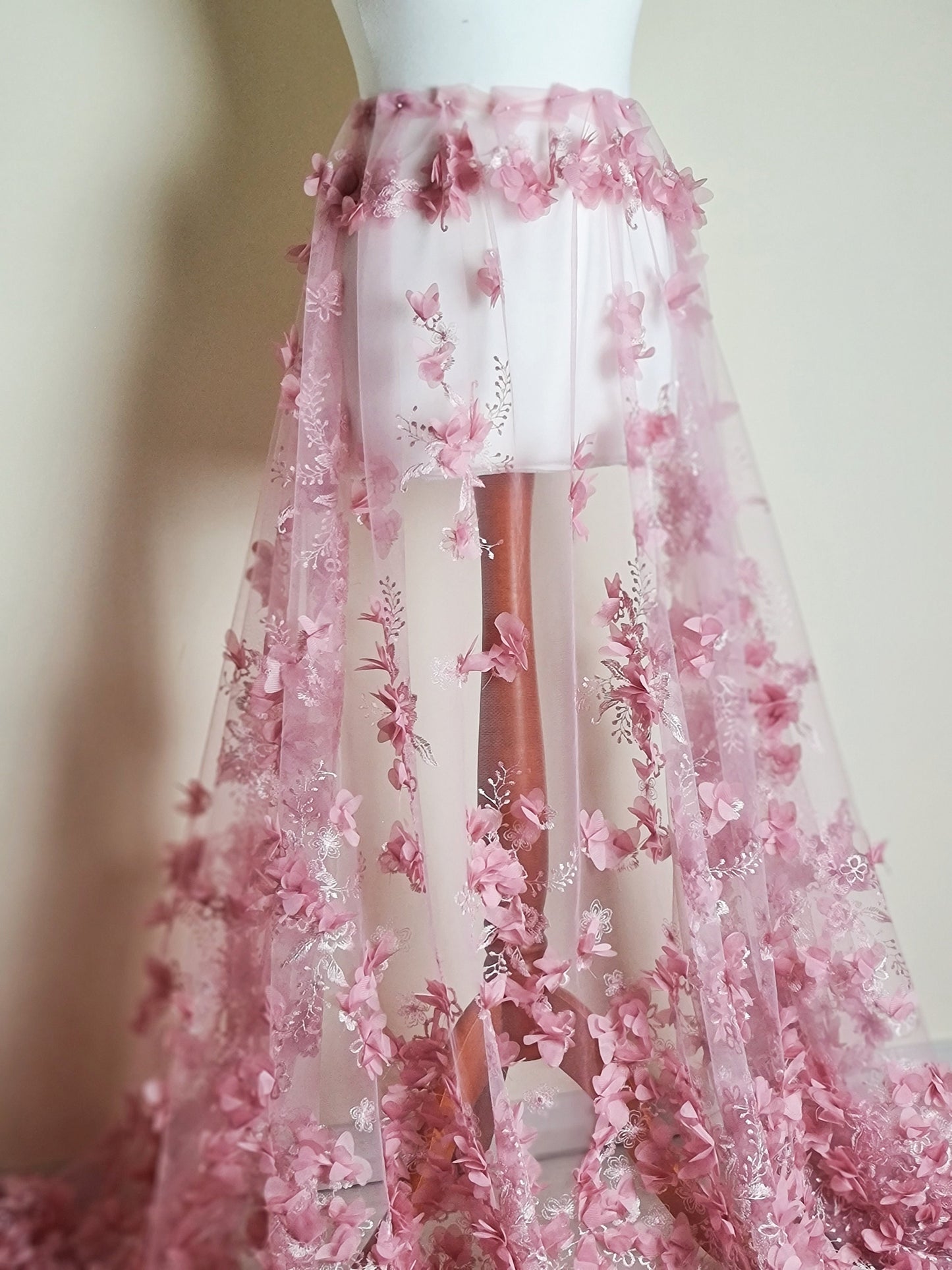 LL-1455, Lovely bridal lace fabric with big 3d flowers in pink color