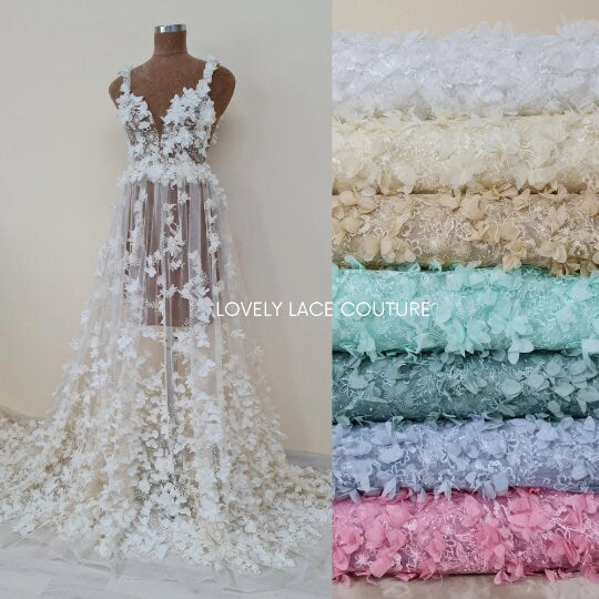 LL-1451, Lovely bridal lace fabric with big 3d flowers in beige color