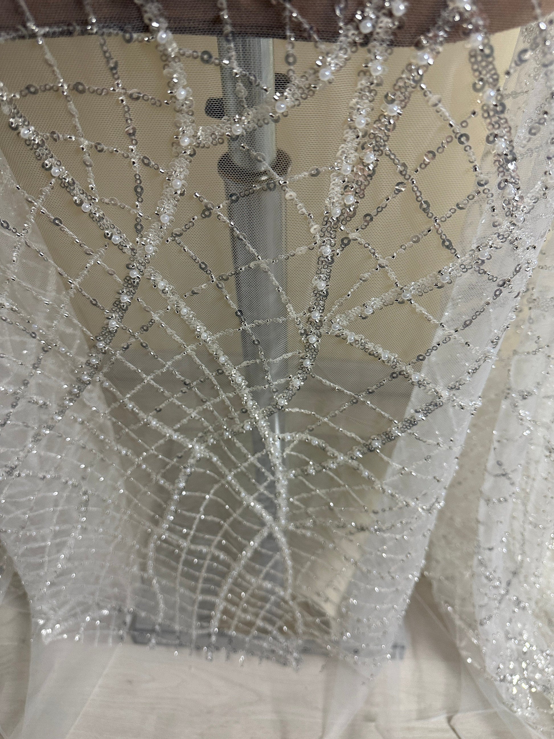 LL-1481, modern beaded bridal lace fabric with abstract net design in white color