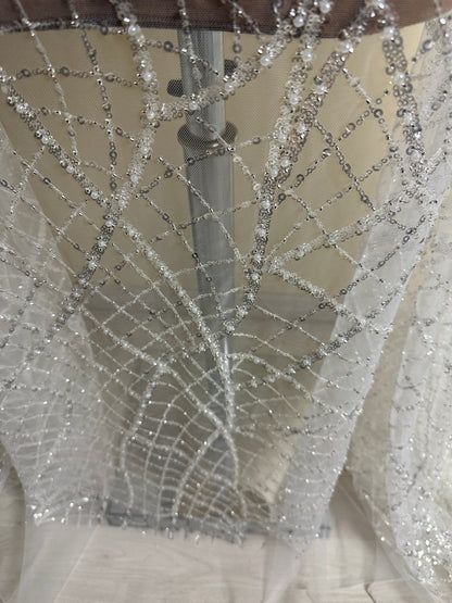 LL-1481, modern beaded bridal lace fabric with abstract net design in white color