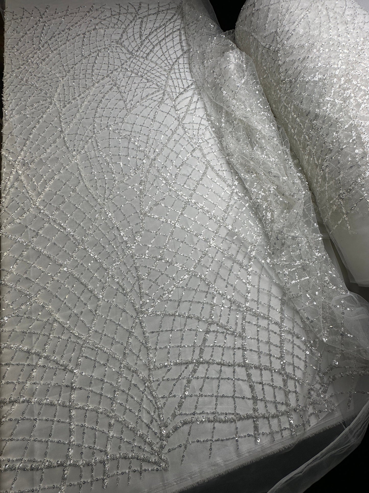 LL-1481, modern beaded bridal lace fabric with abstract net design in white color