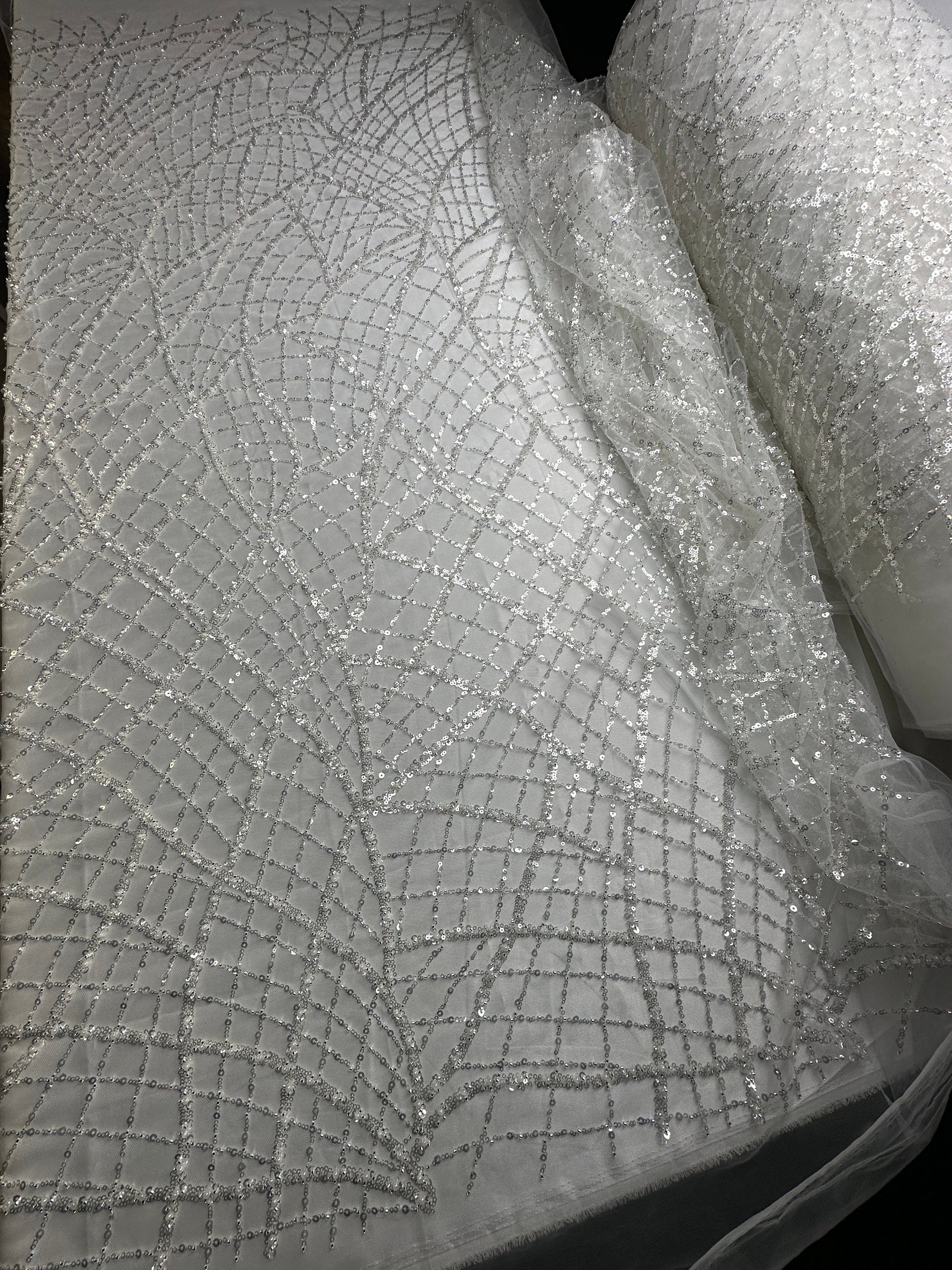 LL-1481, modern beaded bridal lace fabric with abstract net design in white color