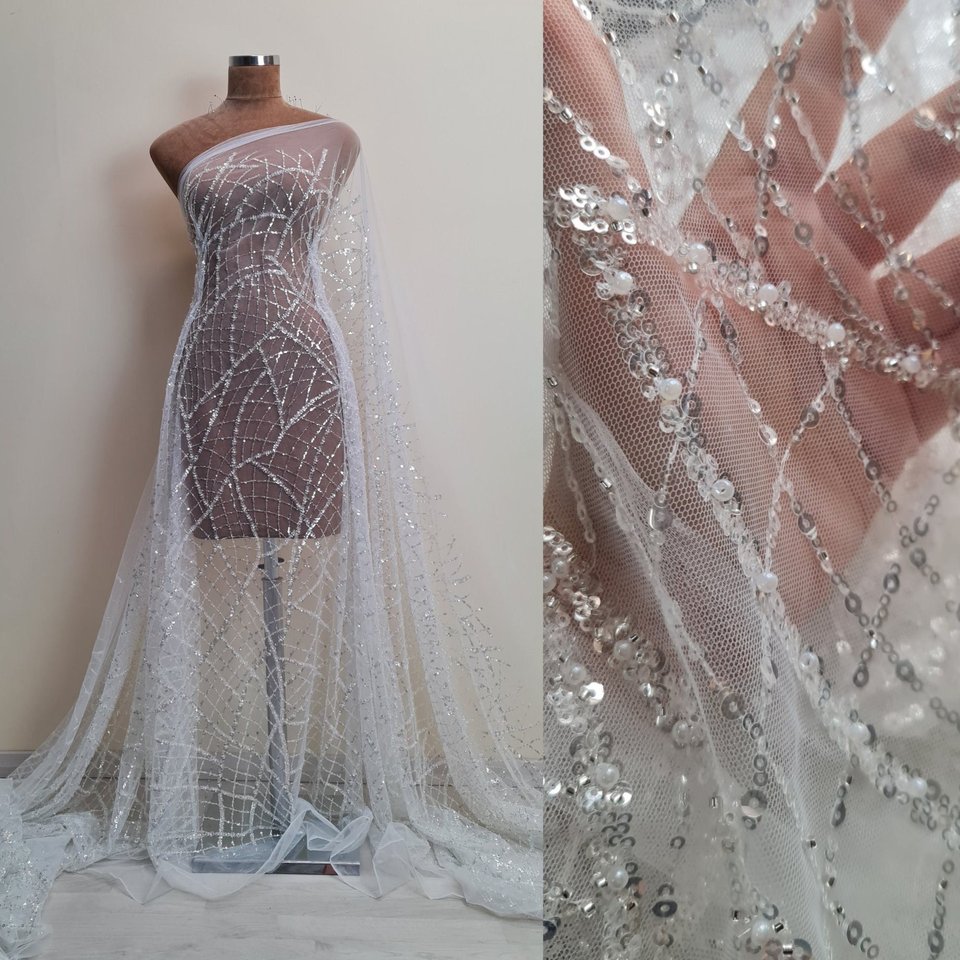 LL-1481, modern beaded bridal lace fabric with abstract net design in white color