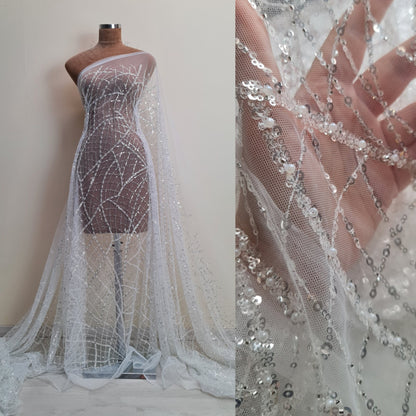LL-1481, modern beaded bridal lace fabric with abstract net design in white color