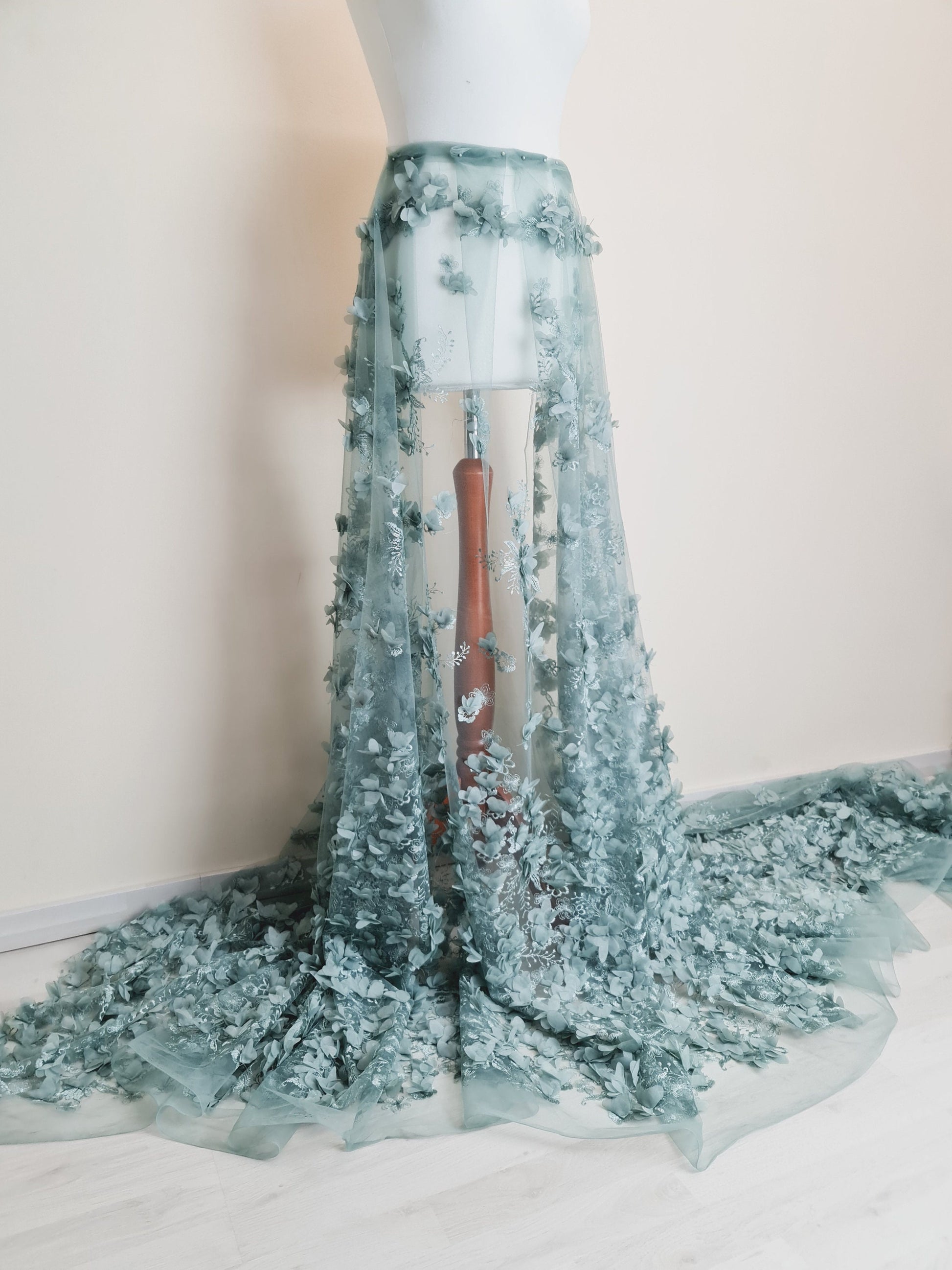 LL - 1453, Beautiful lace fabric with big 3d flowers in sage green color