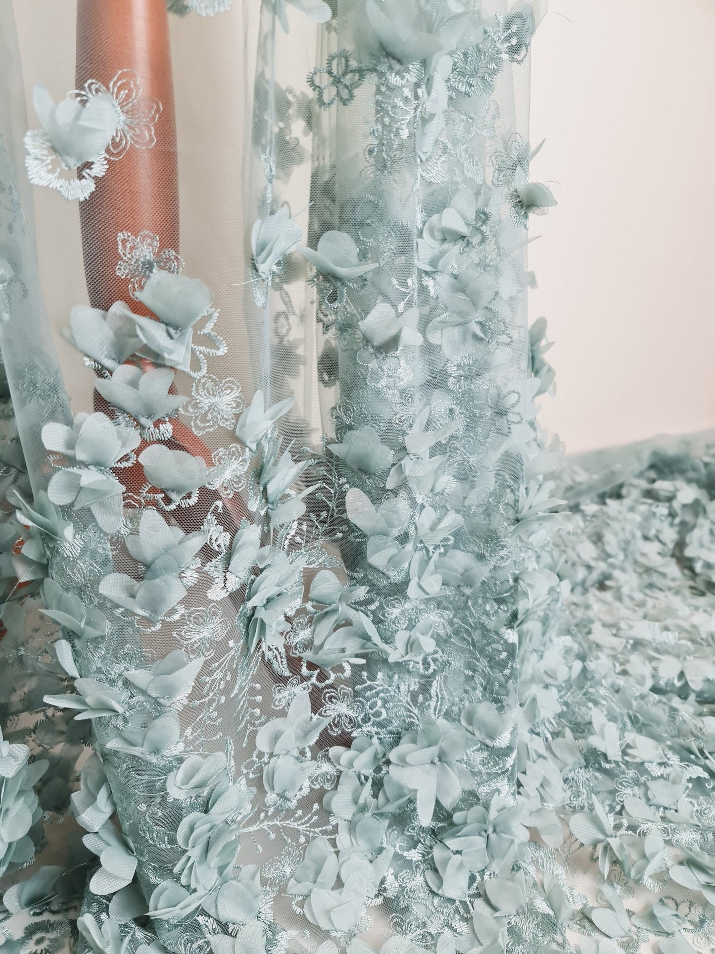 LL - 1453, Beautiful lace fabric with big 3d flowers in sage green color