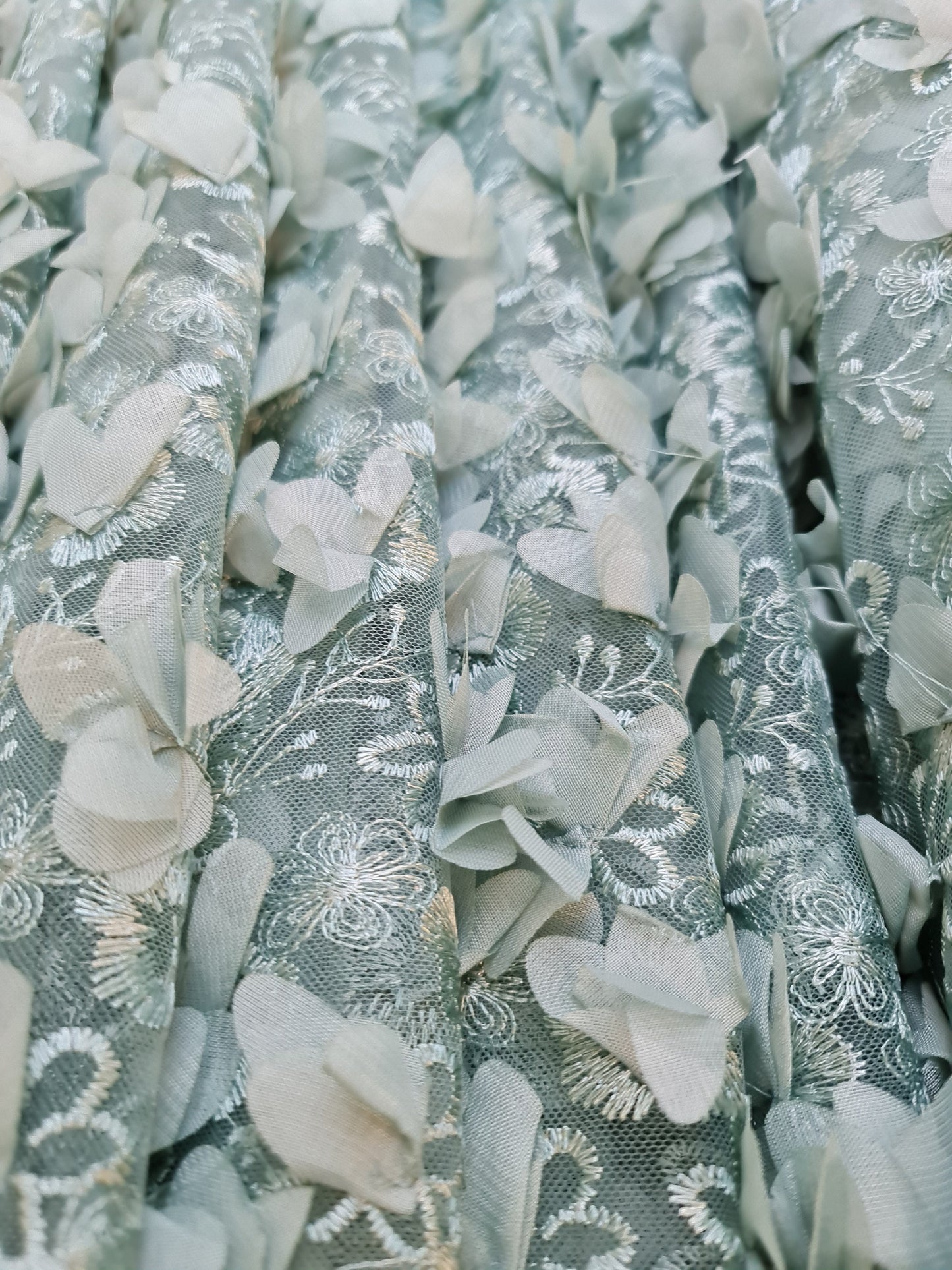 LL - 1453, Beautiful lace fabric with big 3d flowers in sage green color