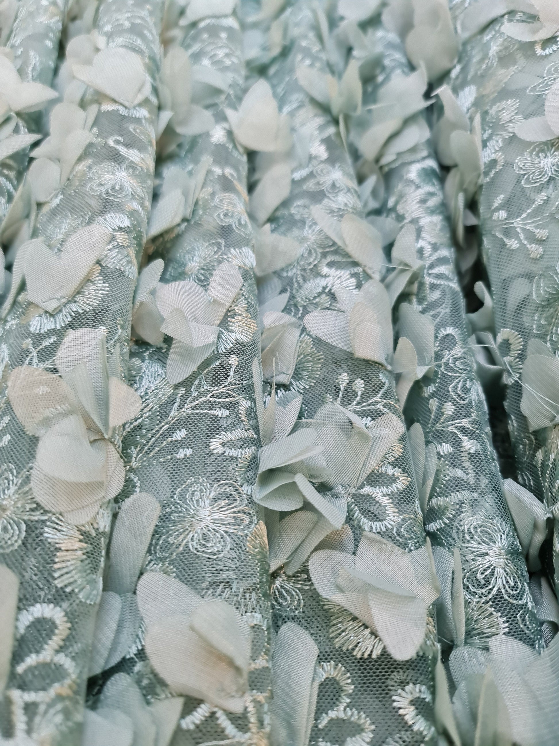 LL - 1453, Beautiful lace fabric with big 3d flowers in sage green color