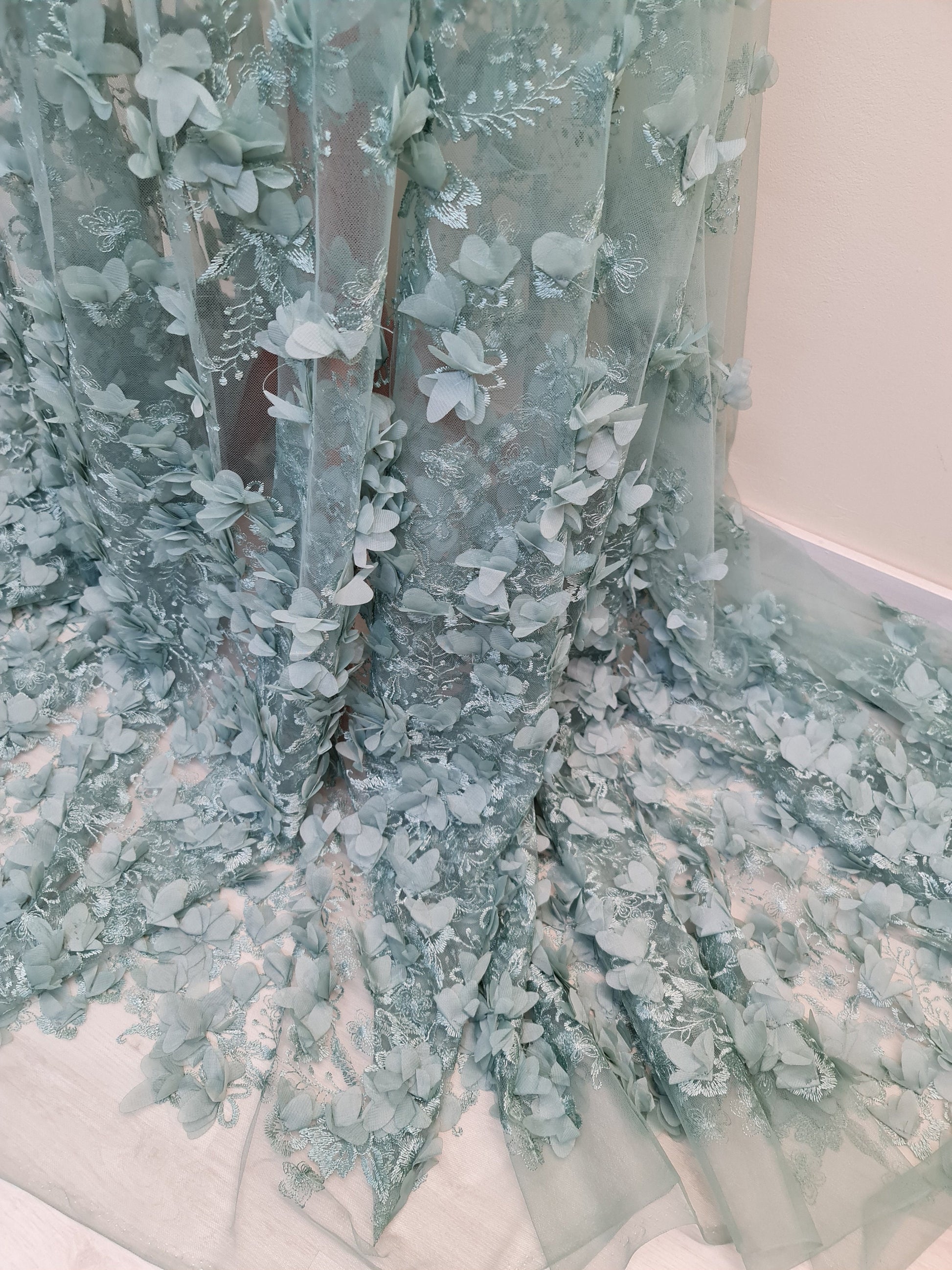 LL - 1453, Beautiful lace fabric with big 3d flowers in sage green color