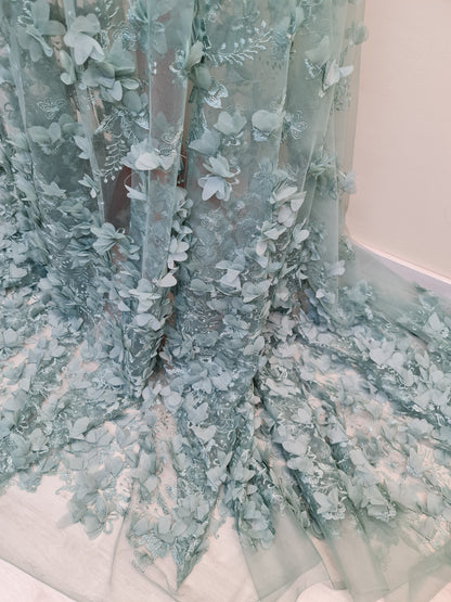 LL - 1453, Beautiful lace fabric with big 3d flowers in sage green color