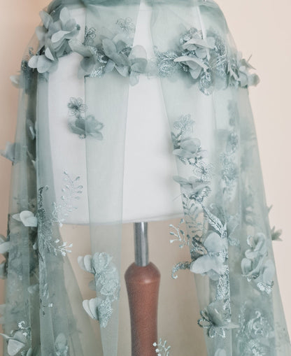LL - 1453, Beautiful lace fabric with big 3d flowers in sage green color