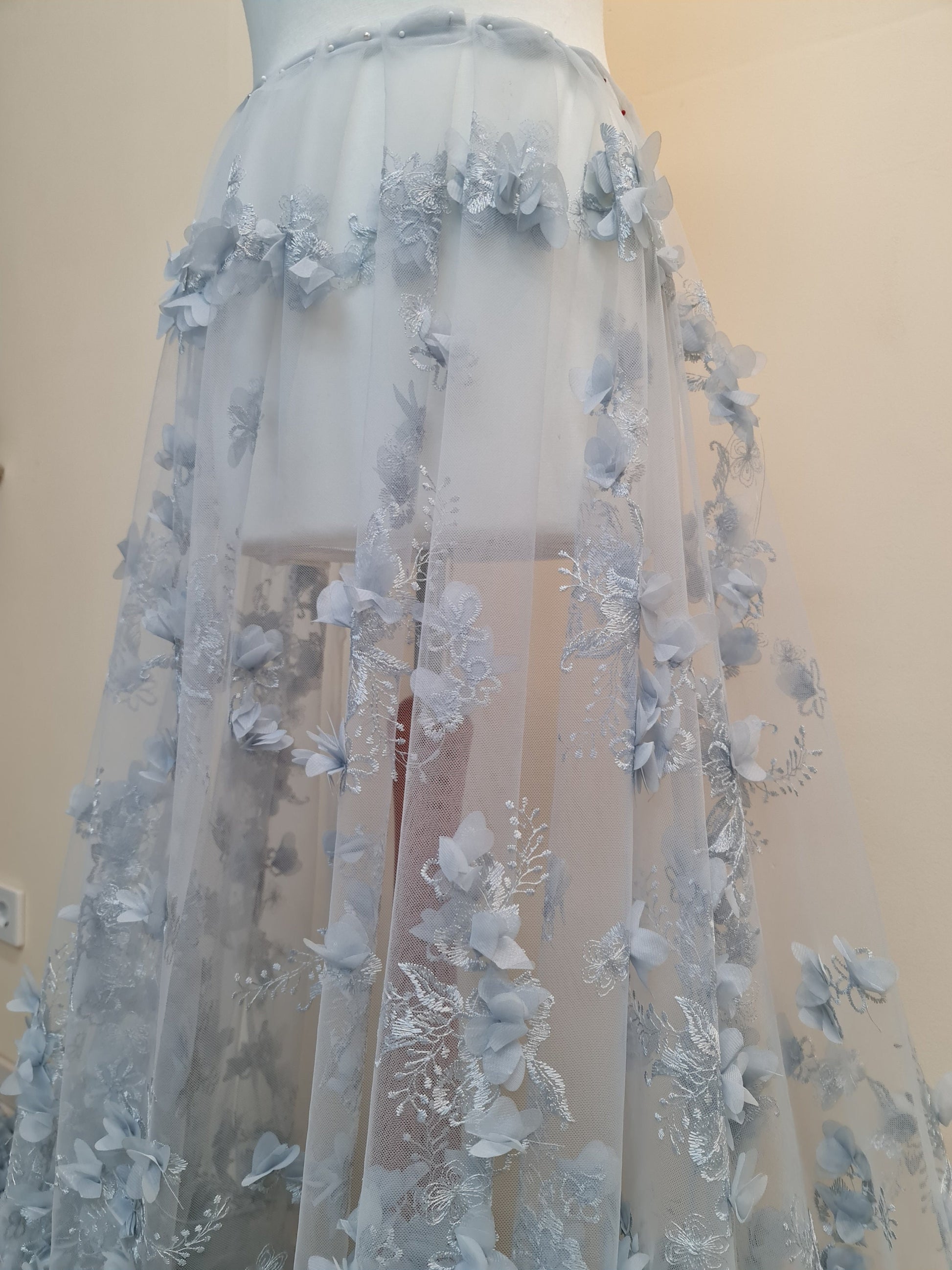 LL-1454, soft 3d lace fabric in grey-blue color