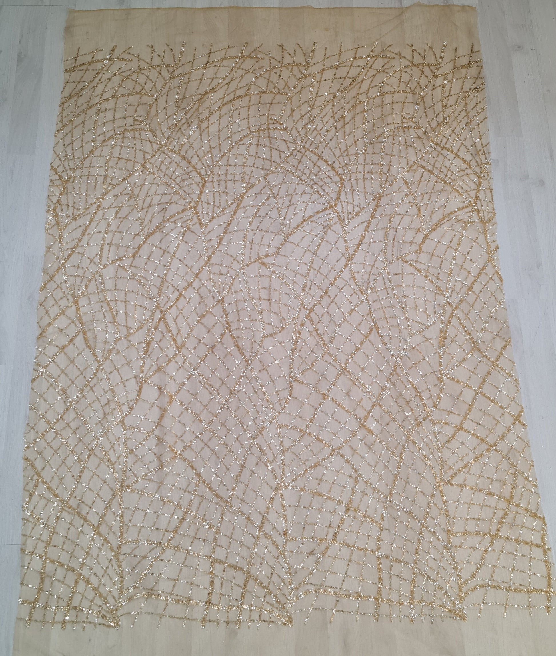 LL-1482, modern beaded bridal lace fabric with abstract net design in dark yellow color
